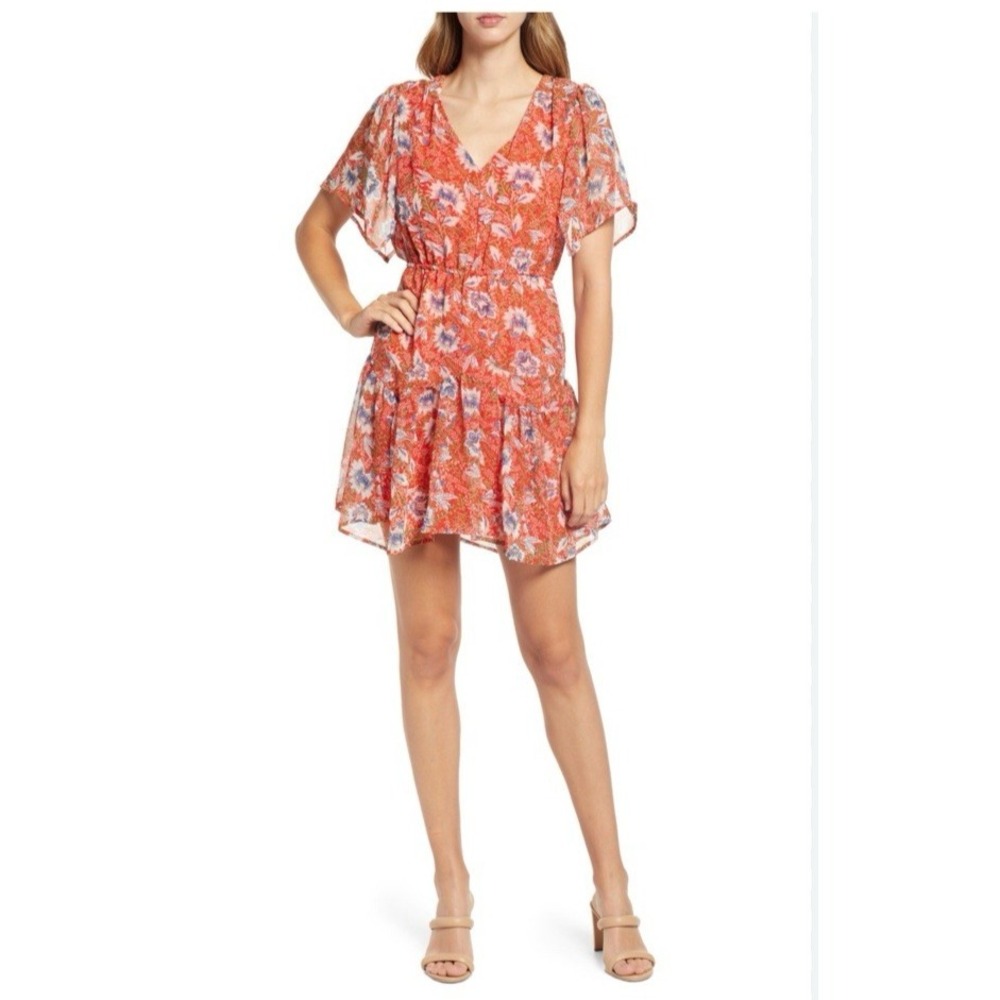 Sam Edelman Red Paisley Country Flutter‎ Sleeve Dress Sz 6 Wedding Guest Floral